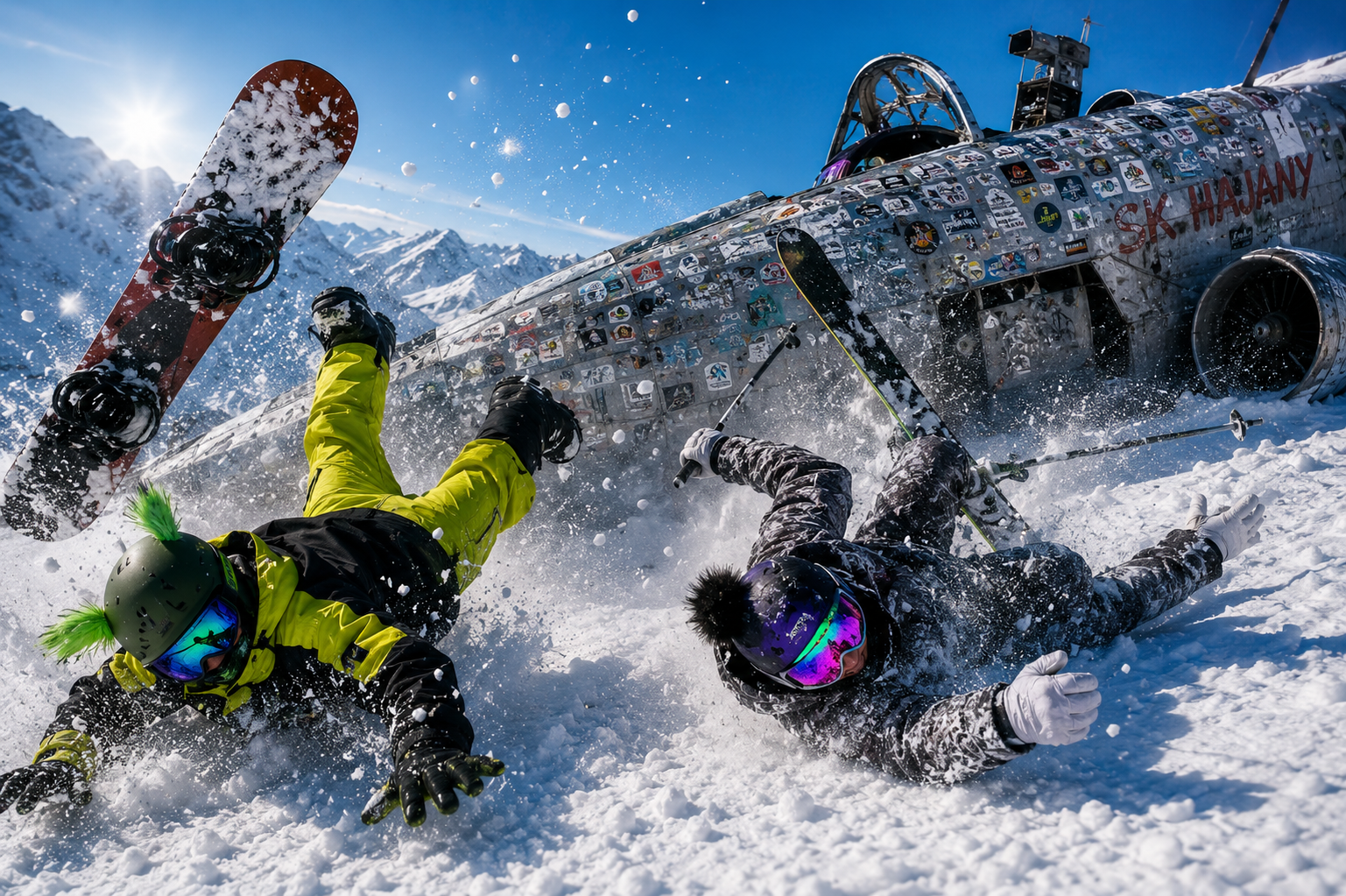 Snowboarďáci a lyžaři padají u letadla
